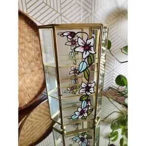 Vintage Brass & Faux Stained Glass Floral Trinket Curio Cabinet Case Mirrored
